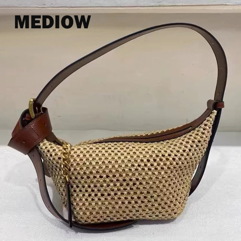 MEDIOW Vintage Beach Hobos Bags For Women Luxury Designer Handbag Purses 2024 New In Papyrus Woven Underarm Wide Straps Shoulder