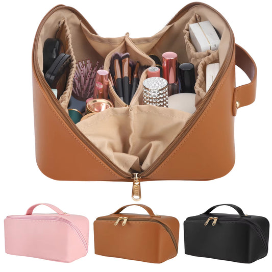 Sac de maquillage de voyage avec diviseur et poignée, sac de toilette étanche en cuir PU portable, sacs cosmétiques de grande capacité pour femmes